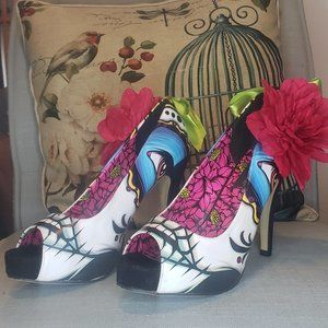 Open toe colorful ribbon flower heels